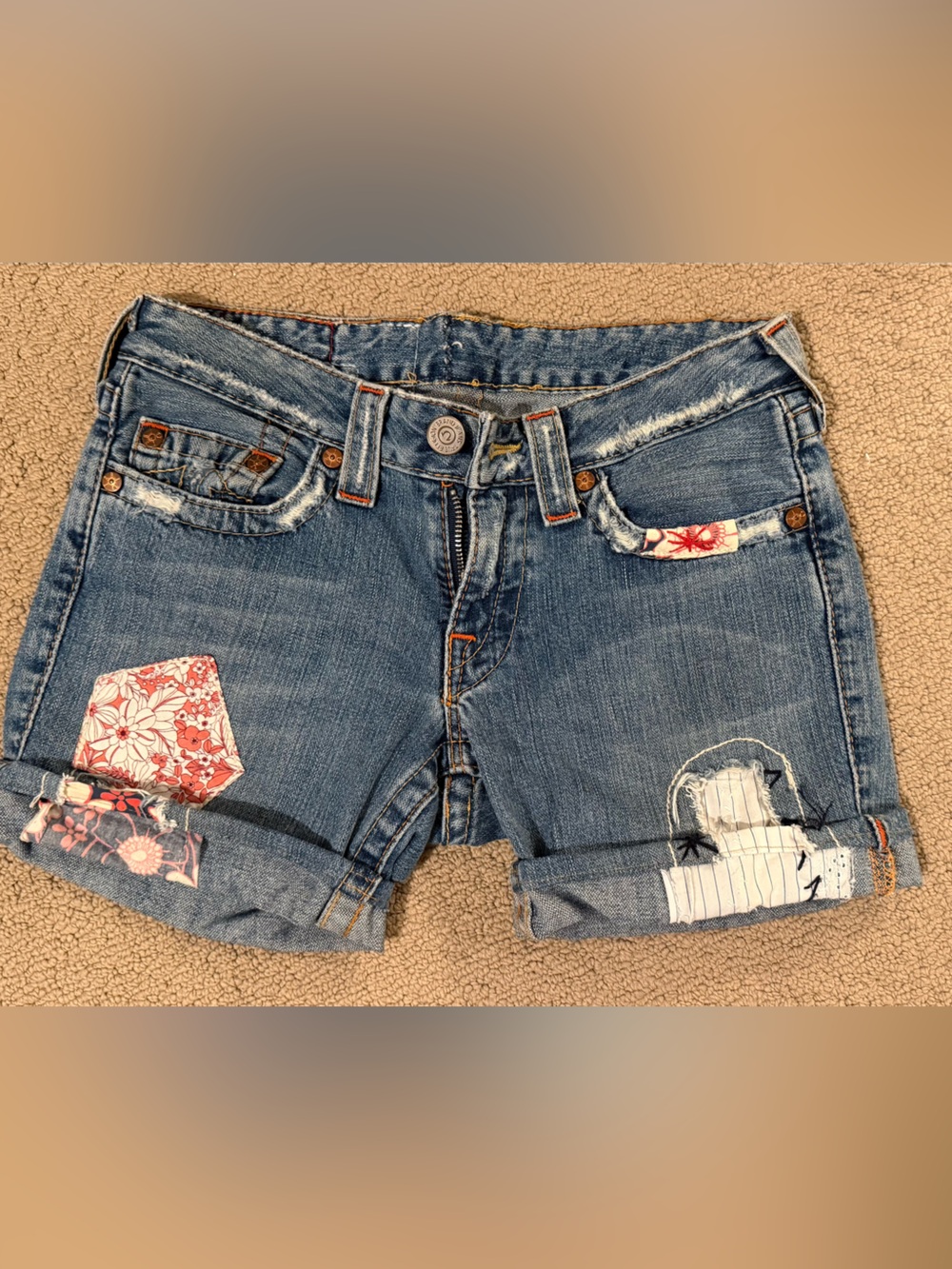 True Religion women's denim shorts Patchwork Blue Jean WOODSTOCK 26 27 rolled